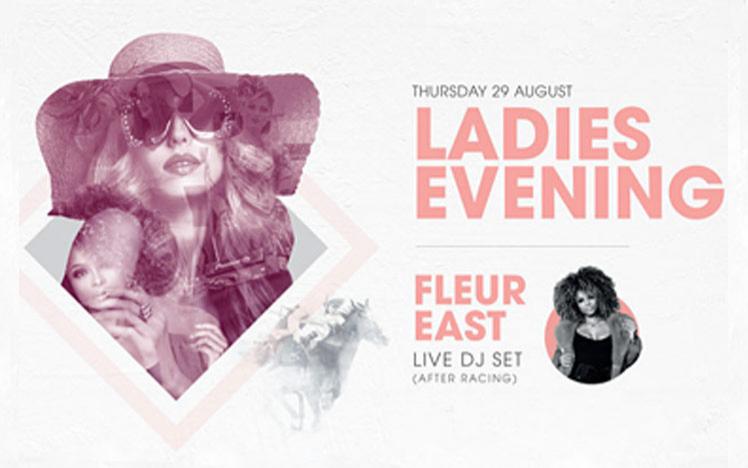 Promotional banner for Ladies Evening at Sedgefield Racecourse featuring Fleur East.